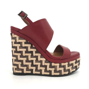 Aquatalia Carmela Sandal Espadrille Wedge Heel Red Leather Buckle Platform 8